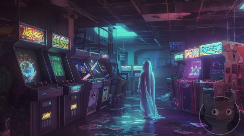 lallen_A_ghost_floating_in_front_of_arcade_machines_in_the_styl_16ae45e0-cbf5-4de4-9e9a-fc880219a870