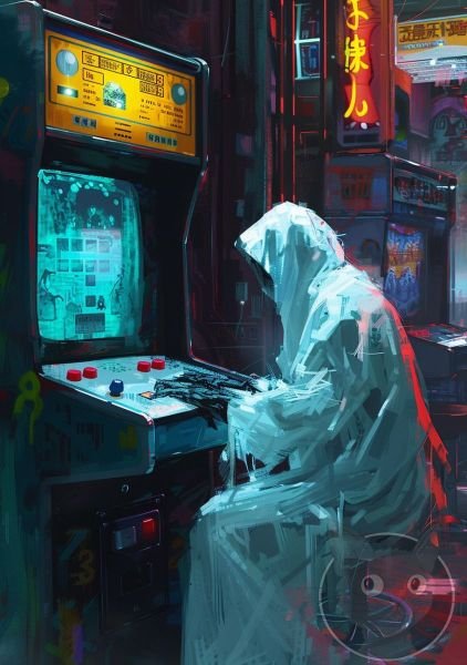 lallen_A_ghost_playing_an_arcade_game_in_the_style_of_John_Larr_1ce4b03a-7db2-4cc8-b891-7dd6e327070e
