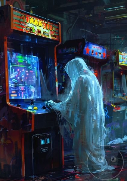 lallen_A_ghost_playing_an_arcade_game_in_the_style_of_John_Larr_2513d520-7989-4107-97ca-5fa49255bbbc