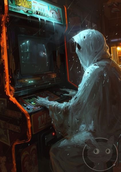 lallen_A_ghost_playing_an_arcade_game_in_the_style_of_John_Larr_29a16cb8-f78e-4027-a4ca-d4c298f957fb