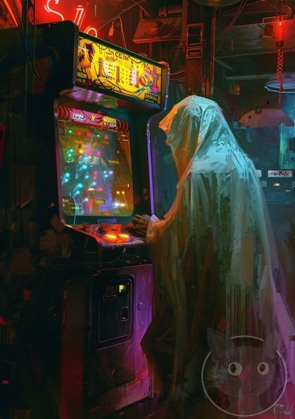 lallen_A_ghost_playing_an_arcade_game_in_the_style_of_John_Larr_8a1f674a-263a-4ae0-948a-1d06d5c70257