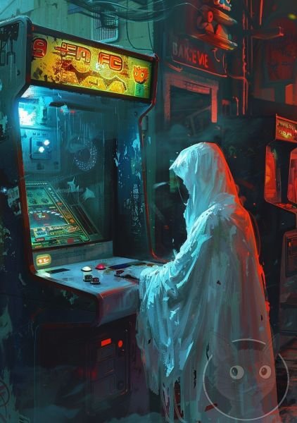 lallen_A_ghost_playing_an_arcade_game_in_the_style_of_John_Larr_8b9ad1cd-197c-460a-b195-890a76583fe8