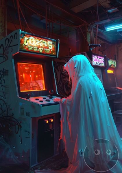 lallen_A_ghost_playing_an_arcade_game_in_the_style_of_John_Larr_ab5c2af7-48e6-4ad7-b738-d552ceab630a