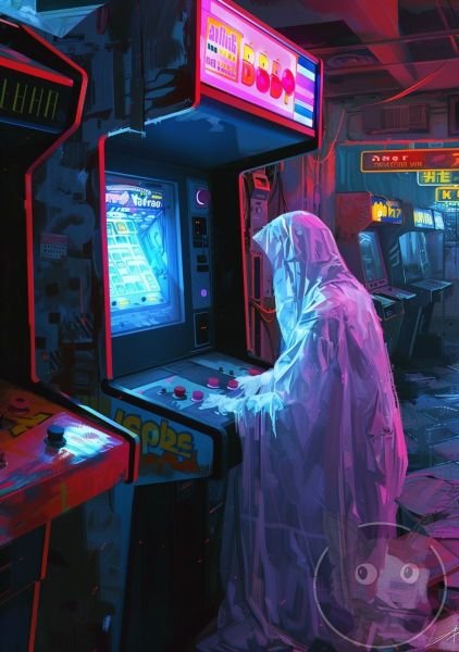 lallen_A_ghost_playing_an_arcade_game_in_the_style_of_John_Larr_c2de9112-6058-4a16-adfe-a161bcfc15a3