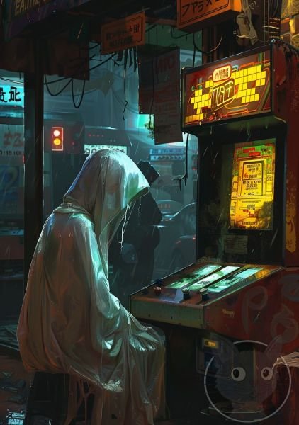 lallen_A_ghost_playing_an_arcade_game_in_the_style_of_John_Larr_e457480c-efbc-4080-b0b8-90cf50c3583d