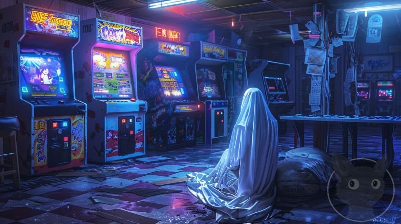 lallen_A_ghost_sitting_on_the_floor_in_front_of_arcade_machines_43cf6511-5ab0-4e0d-a86c-31dd3578d75d