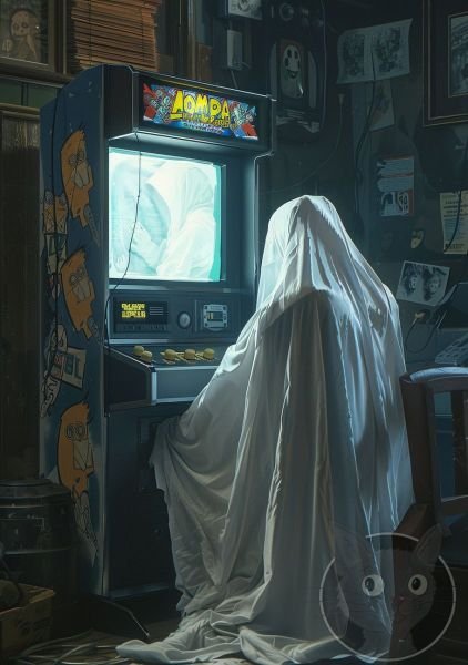 lallen_A_ghost_wearing_white_sheets_sitting_in_front_of_an_arca_acf76847-abe2-4f29-ac8f-02f57be74f0a