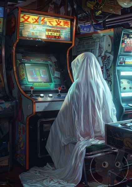 lallen_A_ghost_wearing_white_sheets_sitting_in_front_of_an_arca_e012f241-5fdc-4989-983b-1820a157f6c3