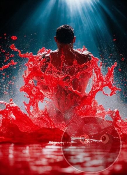 lallen_Samoa_man_kneeling_in_a_pool_of_red_liquid_splashes_drip_0c6597b1-2dcc-4497-af96-ee18ce058258